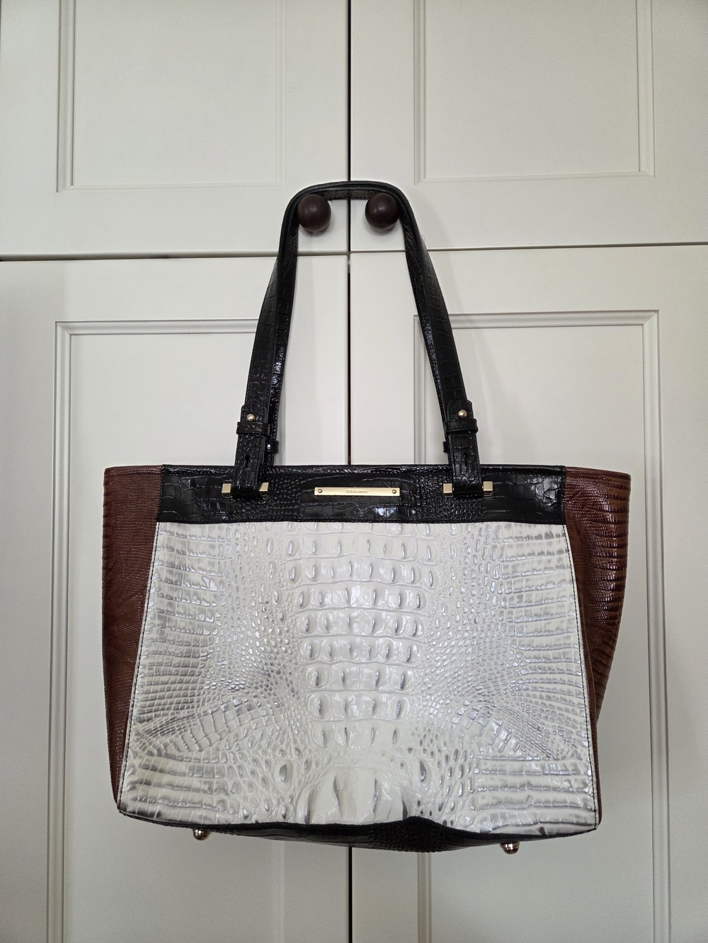 Brahmin Vintage Tri-Color Croc-Embossed Tote Bag - Black, White & Brown